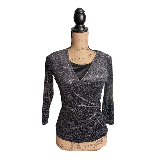 Notations Petite PS Womens Velvet Black Shimmer Long Sleeve Shirt Top - Picture 2 of 12